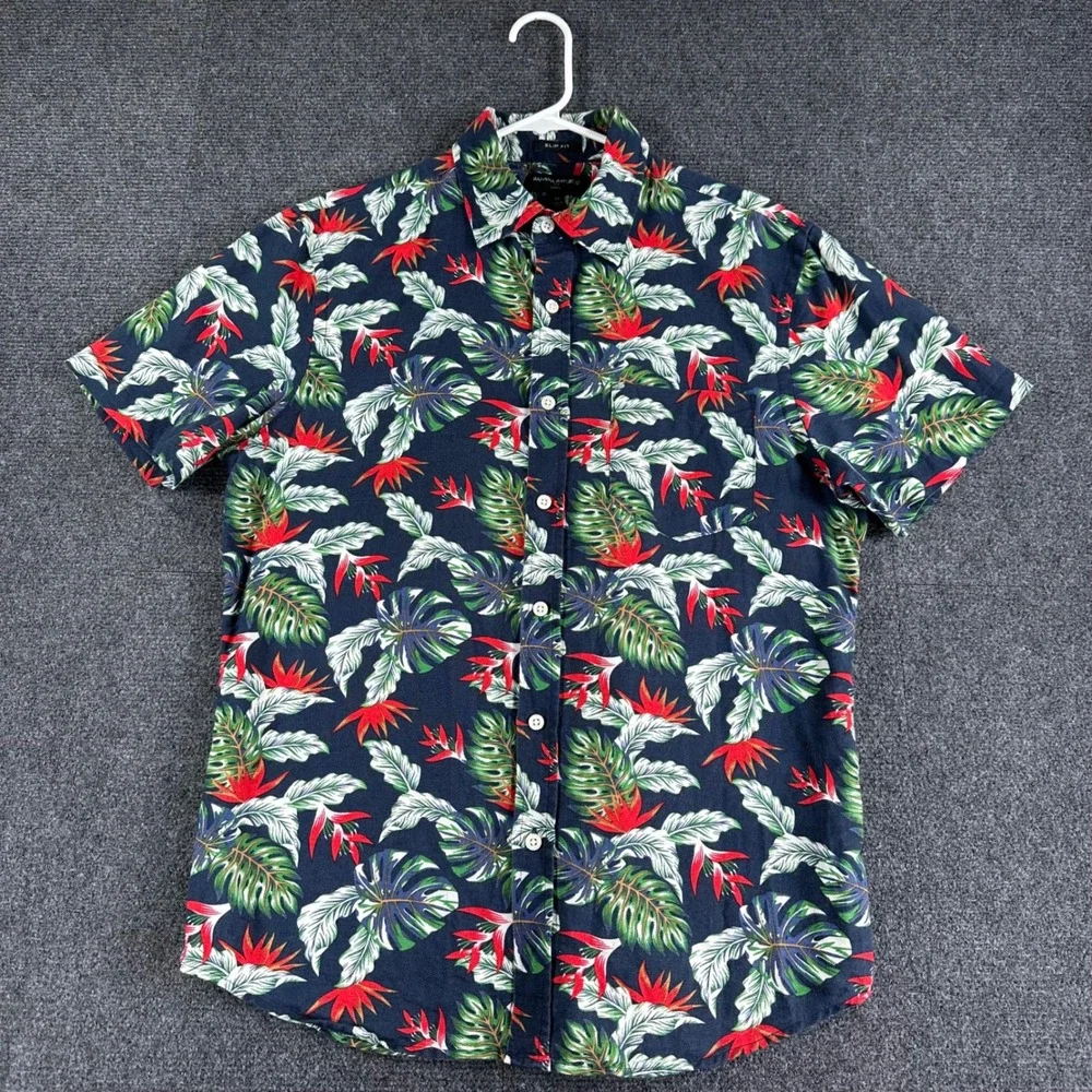 Banana‎ Republic Button Up Mens M Medium Blue Tropical Floral Linen Cotton Slim